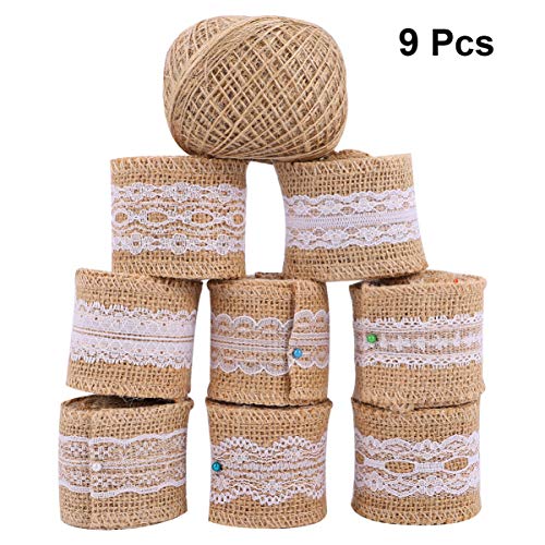 MILISTEN 8 Rollos de Rollo de Cinta de Arpillera con Adornos de Encaje Blanco Manualidades de Bricolaje Rollo de Lino de Encaje para Decoraciones Rústicas Favor de La Boda (con 1 Pieza de