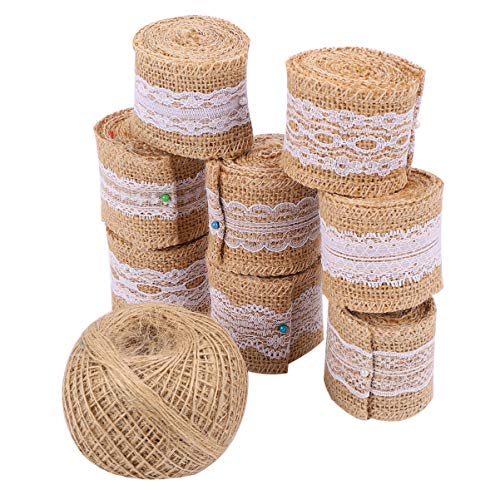 MILISTEN 8 Rollos de Rollo de Cinta de Arpillera con Adornos de Encaje Blanco Manualidades de Bricolaje Rollo de Lino de Encaje para Decoraciones Rústicas Favor de La Boda (con 1 Pieza de