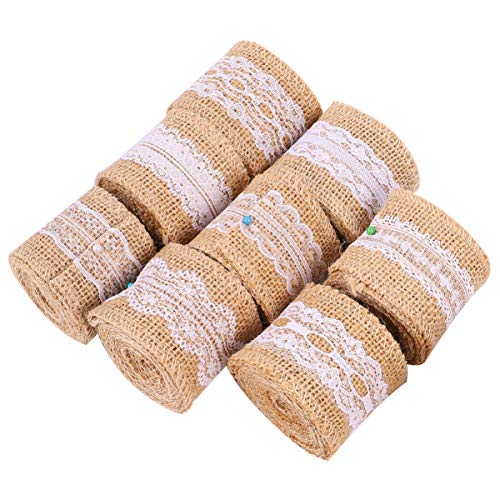 MILISTEN 8 Rollos de Rollo de Cinta de Arpillera con Adornos de Encaje Blanco Manualidades de Bricolaje Rollo de Lino de Encaje para Decoraciones Rústicas Favor de La Boda (con 1 Pieza de