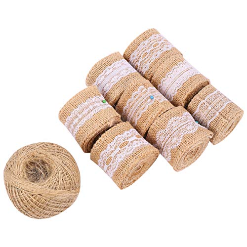 MILISTEN 8 Rollos de Rollo de Cinta de Arpillera con Adornos de Encaje Blanco Manualidades de Bricolaje Rollo de Lino de Encaje para Decoraciones Rústicas Favor de La Boda (con 1 Pieza de