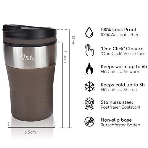 Milu Termo Taza 210ml - Vaso Termico de Viaje - Café para Llevar - Taza de Viaje - Taza de acero inoxidable para beber - con aislamiento de doble pared (Marrón, 210ml)