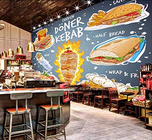 MINCOCO Restaurante de comida rápida estadounidense personalizado Fondo de pantalla Pollo Doner Kebab Snack Bar Decoración industrial Papel de pared Murales 3D, 300x210 cm (118.1 by 82.7 in)