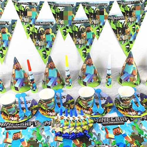 Minecraft Party Tableware Set - BAIBEI Birthday Party Decorations Supplies Children Carnival Party Plates Paper Cups,Tablecloth,Triangle Banner Serve 10 Guests,78pcs