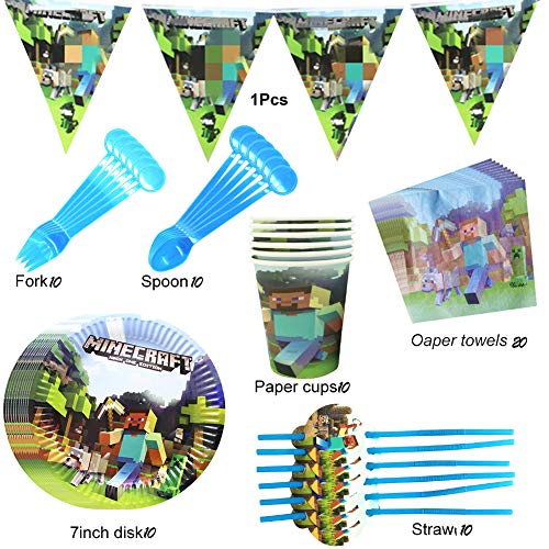 Minecraft Party Tableware Set - BAIBEI Birthday Party Decorations Supplies Children Carnival Party Plates Paper Cups,Tablecloth,Triangle Banner Serve 10 Guests,78pcs