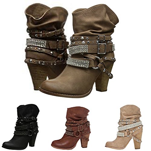 Minetom Botas De Tacón Mujer Zapatos Altos Talones Botas Zapatos Moda Mujer Botas Tacón Alto Botas Encaje Hasta El Tobillo Zapatos Albaricoque EU 42