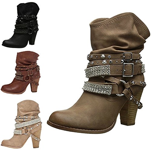 Minetom Botas De Tacón Mujer Zapatos Altos Talones Botas Zapatos Moda Mujer Botas Tacón Alto Botas Encaje Hasta El Tobillo Zapatos Albaricoque EU 42