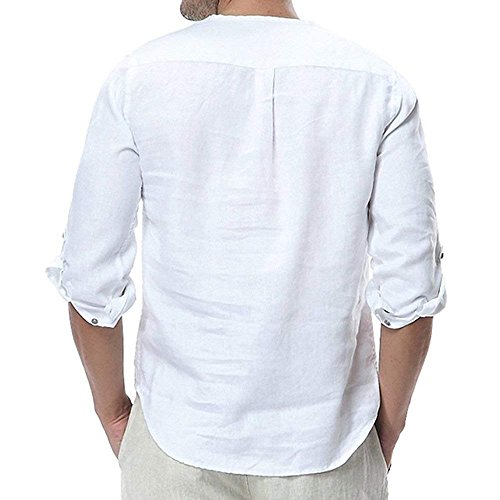 Minetom Camisa Hombre Cuello Mao Lino Blusa Manga 3/4 Camisas Top Sin Cuello De Color Sólido Blusas Suelta Camisas De Trabajo Suave Cómodo Transpirable A Blanco X-Large