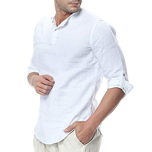 Minetom Camisa Hombre Cuello Mao Lino Blusa Manga 3/4 Camisas Top Sin Cuello De Color Sólido Blusas Suelta Camisas De Trabajo Suave Cómodo Transpirable A Blanco X-Large