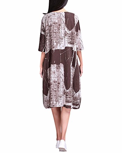 Minetom Vestido Largo Casual Elegante Oficina Impresión Cuello Redondo Mangas Cortas para Mujer Café ES 46