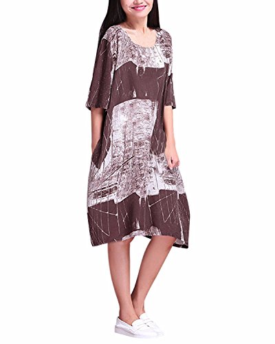 Minetom Vestido Largo Casual Elegante Oficina Impresión Cuello Redondo Mangas Cortas para Mujer Café ES 46