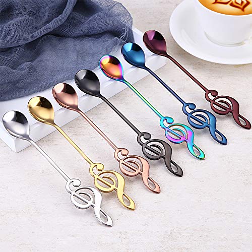 MINGZE 7 Piezas Juego De Cucharitas De Cafe, Acero Inoxidable Icono De La Música Color Mezclado Cuchara mezcladora con Mango De Símbolo De Música Cuchara para Té Café Helado Postre