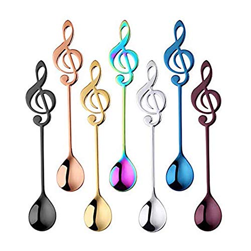 MINGZE 7 Piezas Juego De Cucharitas De Cafe, Acero Inoxidable Icono De La Música Color Mezclado Cuchara mezcladora con Mango De Símbolo De Música Cuchara para Té Café Helado Postre