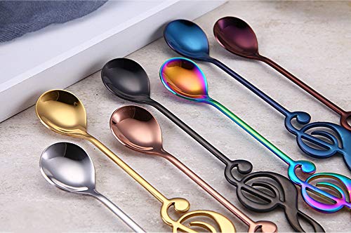 MINGZE 7 Piezas Juego De Cucharitas De Cafe, Acero Inoxidable Icono De La Música Color Mezclado Cuchara mezcladora con Mango De Símbolo De Música Cuchara para Té Café Helado Postre