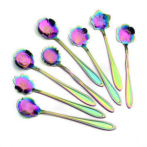MINGZE 8 Piezas Cuchara De Acero Inoxidable con Forma De Flor, Cucharadita Vajilla Creativo Cuchara De Café, para Postres, Helados, Dulces, Té, Azúcar, Espresso, Mezclar, Mermeladas (Vistoso)