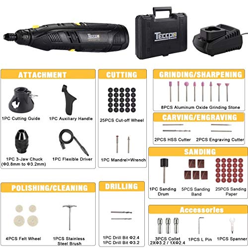 Mini Amoladora Sin Cable, TECCPO 12V Herramienta Rotativa Eléctrica Velocidades Ajustables 5000-28000RPM, Eje Flexible, con 84 Accesorios y 4 accesorios para Corte, Lijado, Pulido, Tallado