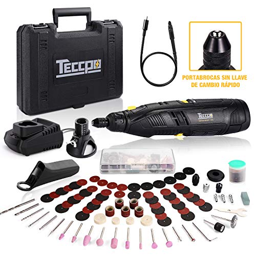 Mini Amoladora Sin Cable, TECCPO 12V Herramienta Rotativa Eléctrica Velocidades Ajustables 5000-28000RPM, Eje Flexible, con 84 Accesorios y 4 accesorios para Corte, Lijado, Pulido, Tallado