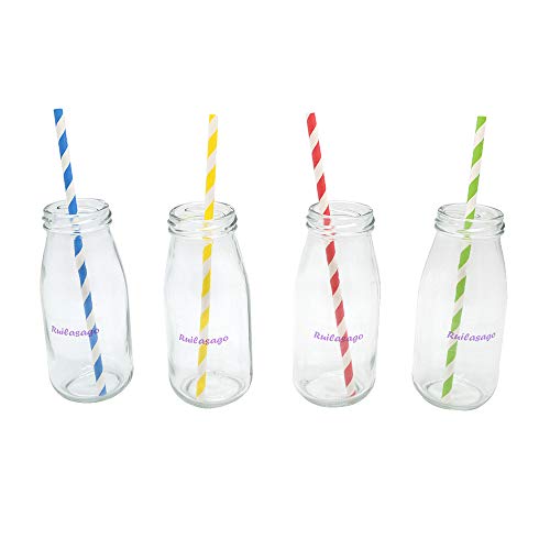 Mini botellas de leche de vidrio, estilo retro, con tapa con agujero para pajitas, 250 ml, 4 unidades