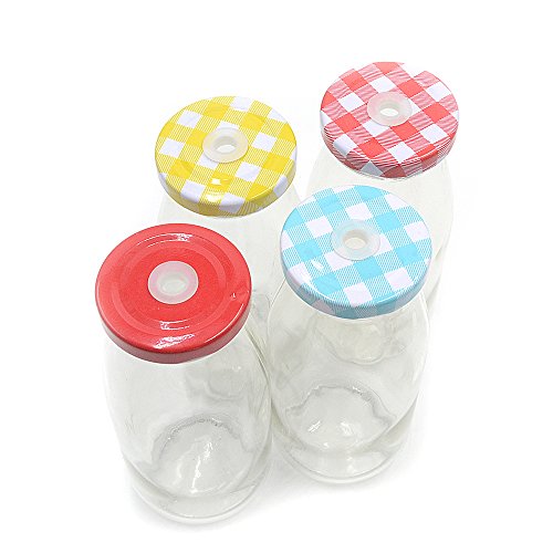 Mini botellas de leche de vidrio, estilo retro, con tapa con agujero para pajitas, 250 ml, 4 unidades