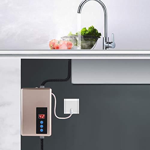 Mini Calentador de Agua Eléctrico Instantáneo Medidas de Seguridad Múltiples Calentador de Agua Ducha Sin Tanque Sistema de Agua Caliente para Cocina y Baño 220v 5.5kw (Golden)
