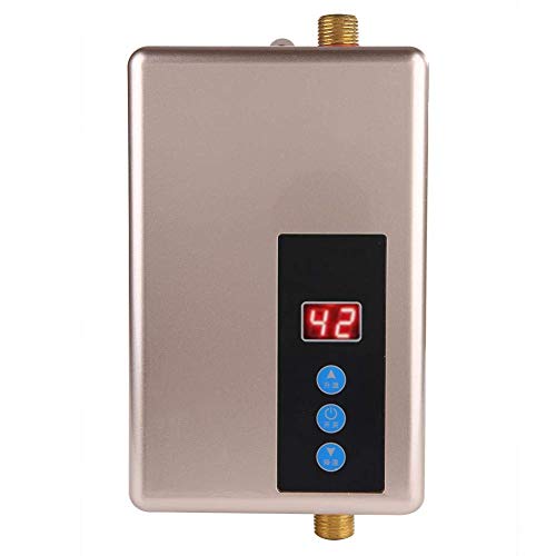 Mini Calentador de Agua Eléctrico Instantáneo Medidas de Seguridad Múltiples Calentador de Agua Ducha Sin Tanque Sistema de Agua Caliente para Cocina y Baño 220v 5.5kw (Golden)