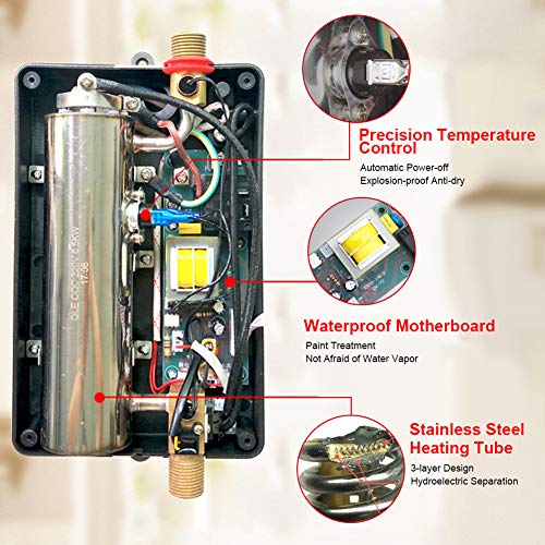Mini Calentador de Agua Eléctrico Instantáneo Medidas de Seguridad Múltiples Calentador de Agua Ducha Sin Tanque Sistema de Agua Caliente para Cocina y Baño 220v 5.5kw (Golden)