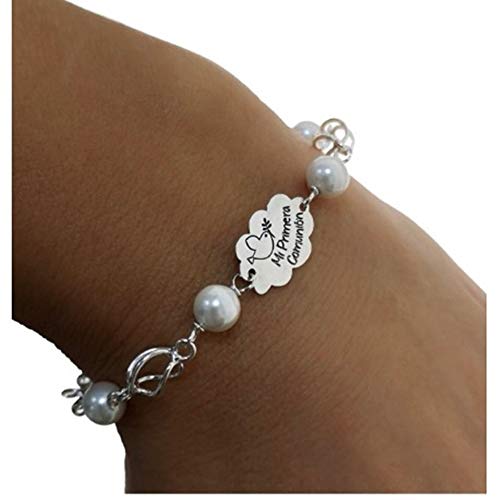 Minoplata Pulsera Primera Comunión Nube Paloma de la Paz y Mensaje Grabado de Plata de Ley Jaula con Perlas Preciosa como Regalo para niñas