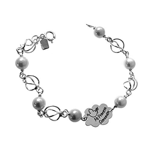 Minoplata Pulsera Primera Comunión Nube Paloma de la Paz y Mensaje Grabado de Plata de Ley Jaula con Perlas Preciosa como Regalo para niñas