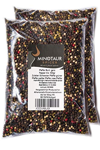 Minotaur Spices | Pimienta de Colores, Entera | 2 X 500g (1 Kg) | Pimienta de Colores Hecha de Semillas Negras, Blancas, Verdes y Rosas
