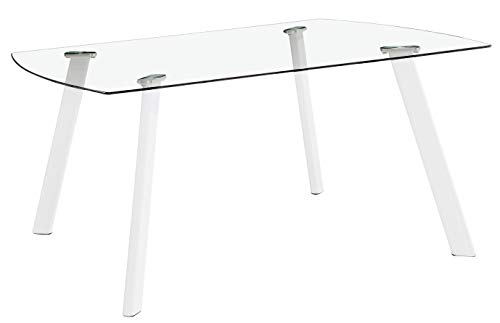Miroytengo Mesa Fija Cristal Vidrio Transparente Comedor Glass salón Patas Blancas diseño Moderno 120x80x76