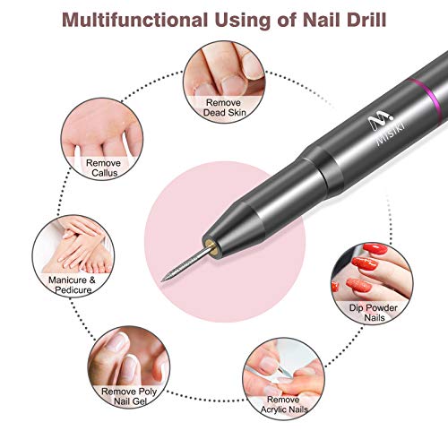 Misiki Torno para Uñas Lima de Uñas Profesionales con 20000RPM Vlocidad Ajustable para Manicura Pedicura, Pintauñas Mujer y Manicura Personal de Bricolaje con 6 Tipos de Brocas y 66 bandas de lijado
