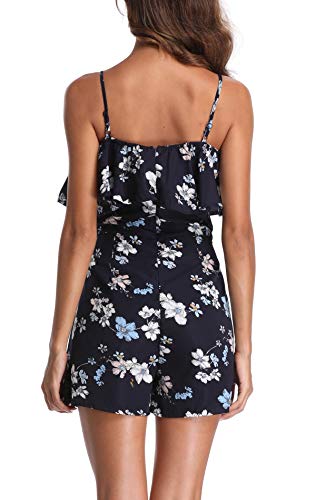 MISS MOLY Mamelucos Mujeres Jumpsuit Moda Correa de Estampado Floral Espagueti Casual Off Hombro Playa Onepiece Ruffled Azul Profundo - M
