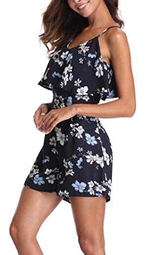 MISS MOLY Mamelucos Mujeres Jumpsuit Moda Correa de Estampado Floral Espagueti Casual Off Hombro Playa Onepiece Ruffled Azul Profundo - M