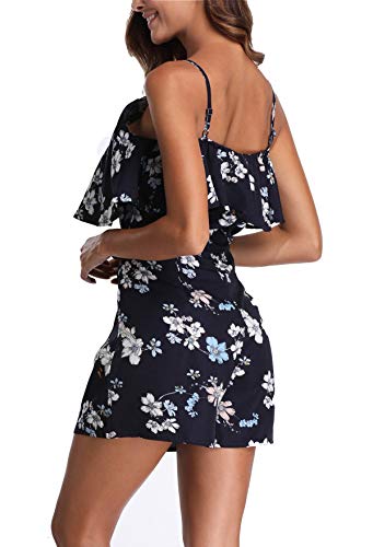 MISS MOLY Mamelucos Mujeres Jumpsuit Moda Correa de Estampado Floral Espagueti Casual Off Hombro Playa Onepiece Ruffled Azul Profundo - M