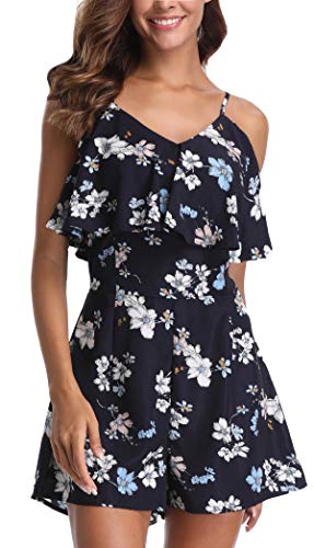 MISS MOLY Mamelucos Mujeres Jumpsuit Moda Correa de Estampado Floral Espagueti Casual Off Hombro Playa Onepiece Ruffled Azul Profundo - M
