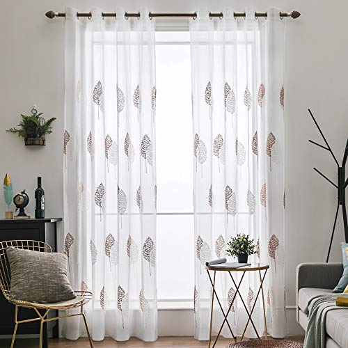 MIULEE 2 Unidades Cortinas Bordado Translucida de Dormitorio Moderno Ventana Visillos Rayas Salon Paneles con Ojales Plateados para Sala Cuarto Comedor Salon Cocina Habitación 140x245 cm Café
