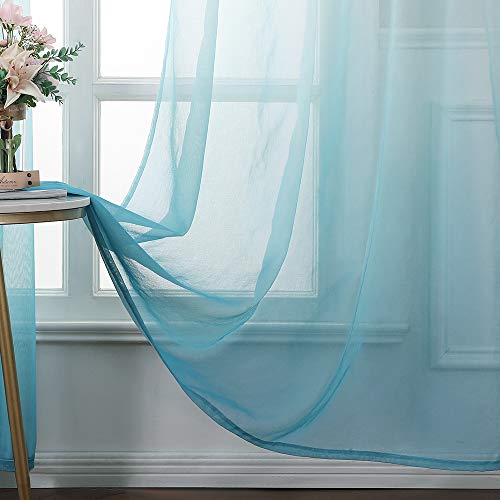 MIULEE Cortina Translúcida Visillo Gradiente Color Degradado Dos Paneles de Ojales Plateados Gasa para Ventanas Habitacion Dormitorio Cocina Sala de Estar 140x145cm Gradiente Vertical Azul