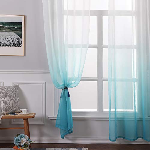 MIULEE Cortina Translúcida Visillo Gradiente Color Degradado Dos Paneles de Ojales Plateados Gasa para Ventanas Habitacion Dormitorio Cocina Sala de Estar 140x145cm Gradiente Vertical Azul