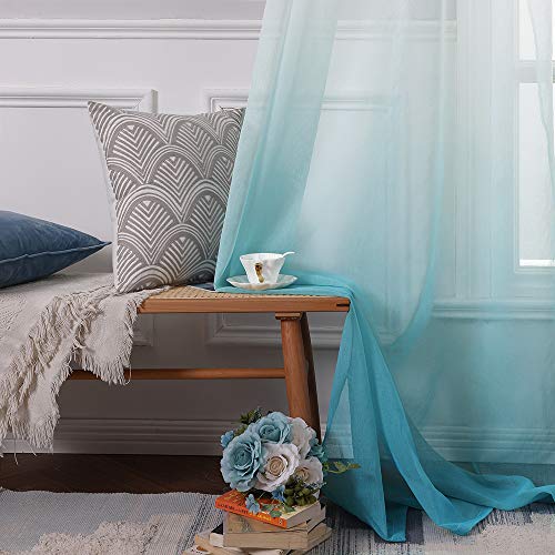 MIULEE Cortina Translúcida Visillo Gradiente Color Degradado Dos Paneles de Ojales Plateados Gasa para Ventanas Habitacion Dormitorio Cocina Sala de Estar 140x145cm Gradiente Vertical Azul