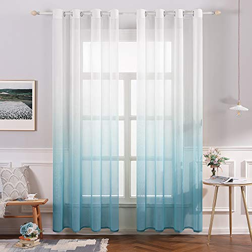 MIULEE Cortina Translúcida Visillo Gradiente Color Degradado Dos Paneles de Ojales Plateados Gasa para Ventanas Habitacion Dormitorio Cocina Sala de Estar 140x145cm Gradiente Vertical Azul