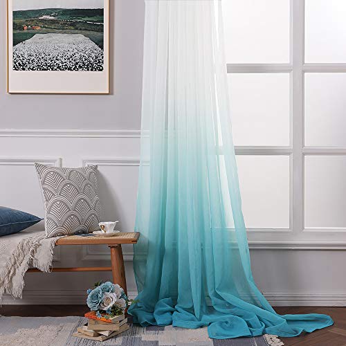 MIULEE Cortina Translúcida Visillo Gradiente Color Degradado Dos Paneles de Ojales Plateados Gasa para Ventanas Habitacion Dormitorio Cocina Sala de Estar 140x145cm Gradiente Vertical Azul