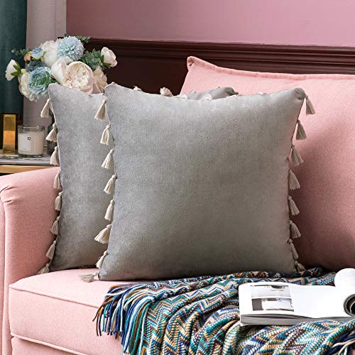 MIULEE Pack de 2 Terciopelo Funda de Borla Cojine Fundas Almohada del Sofá Throw Cojín Decoración Caso de la Cubierta Decorativo Almohadas para Sala de Estar 18x18inch 45x45cm Gris
