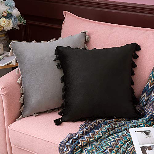MIULEE Pack de 2 Terciopelo Funda de Borla Cojine Fundas Almohada del Sofá Throw Cojín Decoración Caso de la Cubierta Decorativo Almohadas para Sala de Estar 18x18inch 45x45cm Gris