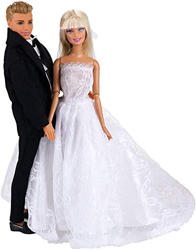 Miunana 1 Vestido de Novia con Velo Blanco Vestir Boda Ropa para Muñeca Ninas y 1 Novio Traje de Ropa con Negro para Ninos Muñeco