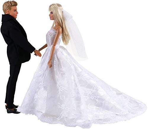 Miunana 1 Vestido de Novia con Velo Blanco Vestir Boda Ropa para Muñeca Ninas y 1 Novio Traje de Ropa con Negro para Ninos Muñeco