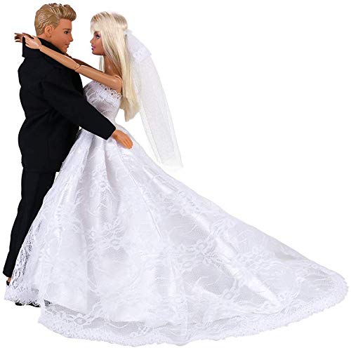 Miunana 1 Vestido de Novia con Velo Blanco Vestir Boda Ropa para Muñeca Ninas y 1 Novio Traje de Ropa con Negro para Ninos Muñeco