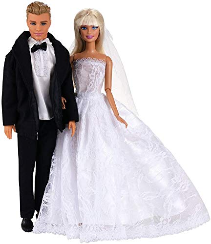 Miunana 1 Vestido de Novia con Velo Blanco Vestir Boda Ropa para Muñeca Ninas y 1 Novio Traje de Ropa con Negro para Ninos Muñeco