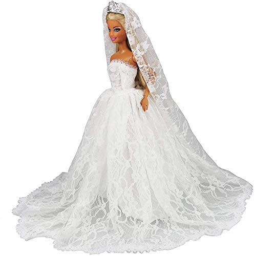 Miunana 1 Vestido Novia Ropa Vestir Boda + 1 Velo como Regalo para 11.5 Pulgadas 28 -30 CM Muñeca - Blanco