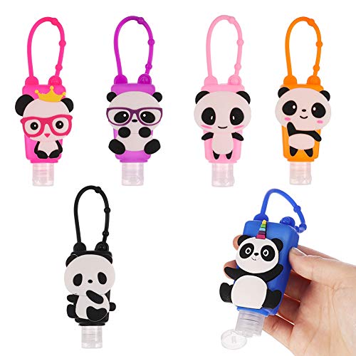 Miuse 6 botellas de viaje con panda unicornio funda protectora de silicona mini 30 ml desmontable para niños de viaje portátil a prueba de fugas de plástico portadores de llaveros (Panda)