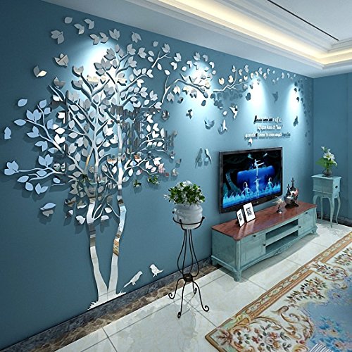 MJTP DIY 3D Enorme Árbol de Pareja Pegatinas de Pared Cristal Acrílico Calcomanías Murales Decoración Hogareña Artes de la Pared (XL, Plata, Izquierda a Derecha)