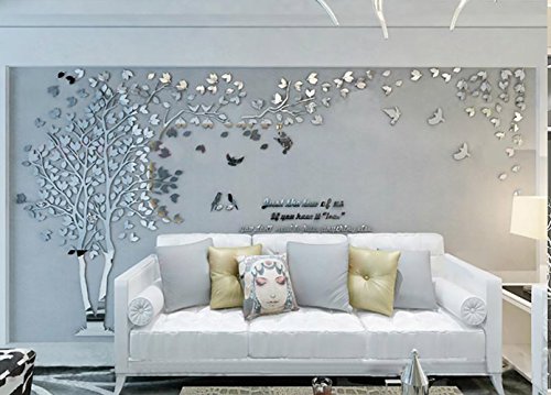MJTP DIY 3D Enorme Árbol de Pareja Pegatinas de Pared Cristal Acrílico Calcomanías Murales Decoración Hogareña Artes de la Pared (XL, Plata, Izquierda a Derecha)